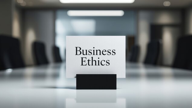 Ethics in business displayed on a white card atop a black holder.