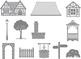 Obraz premium Collection of architectural and garden in a simple flat grey silhouette style