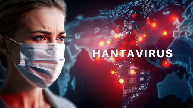 Healthcare worker wearing a protective surgical face mask, a global map with red dots indicating Hantavirus outbreak locations, emphasizing pandemic and public health crisis