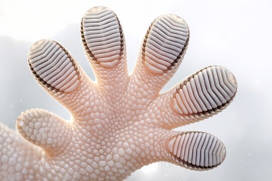 Macro photo of a gecko foot on glass showing suction pads. High resolution wildlife detail for biology and biomimicry research. Unique organic structure of reptile climbing.