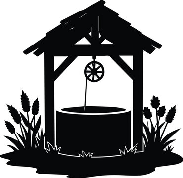 Isolated on silhouette Village Water Well with senec beauty vector art on white background