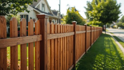 Fototapeta premium Fresh wooden fence encircling home, green yard, empty street, blurred focus.