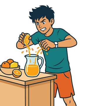 Energetic angry teenage boy squeezing fresh orange juice with bare hands into glass jug on kitchen table over white background concept of healthy diet and morning routine