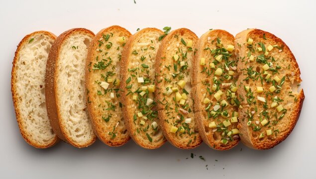 Garlic and herb bread slices on a white backdrop, viewed from above.