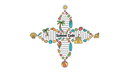 Summer DNA Graphic: A creative graphic resembling a DNA strand forms a cross shape, filled with colorful icons representing summer vacation and beach themes, with Summer Code in the center. © hafeza