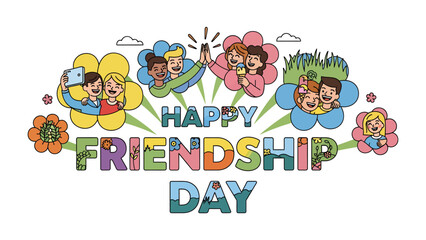 Obraz premium Friendship Day Celebration: A vibrant illustration celebrating International Friendship Day, featuring diverse groups of friends enjoying each other's company through selfies, high-fives.