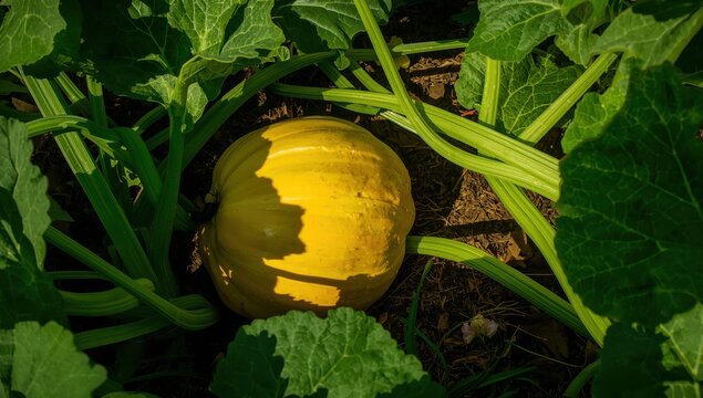 Golden spaghetti squash nestled among foliage in a community garden.