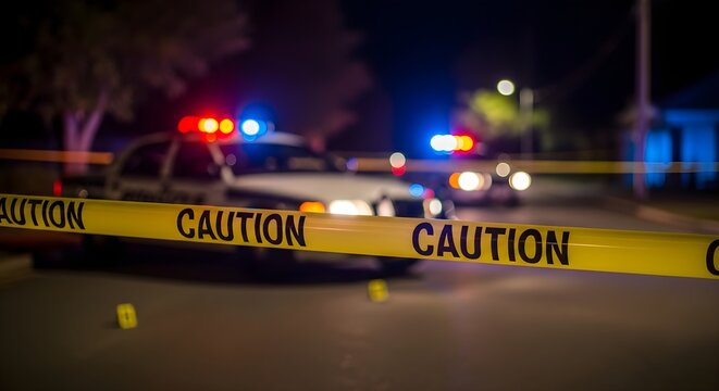 Crime Scene Investigation Under Yellow Caution Tape with Police Car Lights Flashing