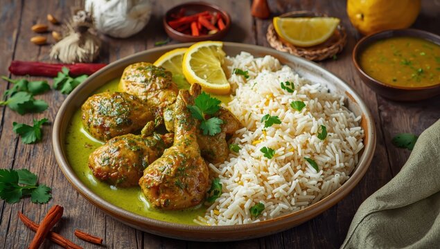 Green curry chicken or Hariyali tikka with rice - Asian cuisine