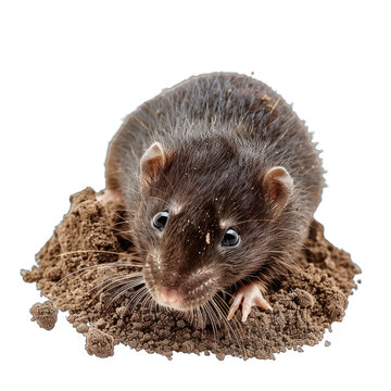 Cute brown rat emerging from soil with transparent background