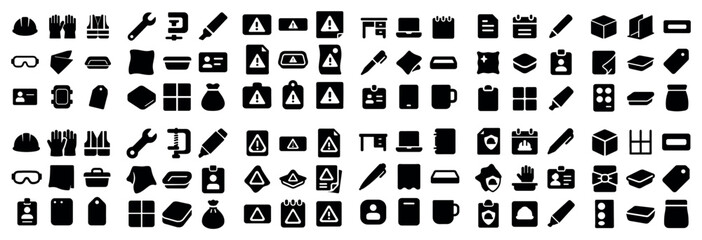 Obraz premium Workplace safety and industrial tools vector symbols with hard hat gloves and wrench for dashboard interface in flat design