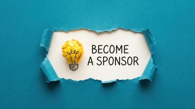 Become a sponsor message with yellow paper light bulb on torn blue background and copy space for presentation background