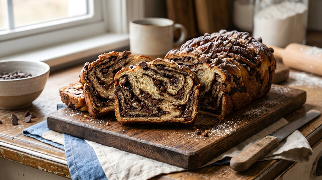 Sliced chocolate babka bread on cutting board