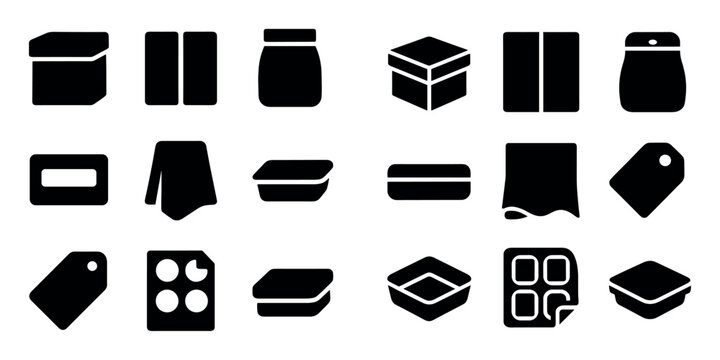 Filled packaging and container silhouette icons for storage featuring box, jar, tray and label