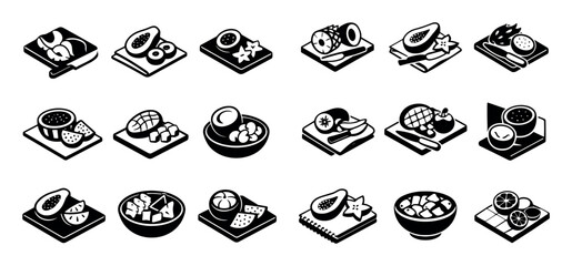 Fototapeta premium Tropical fruit and snack vector icons with papaya, bowl and cutting board for infographic design in solid monochrome style
