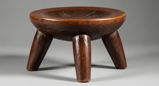 Hand carved wooden stool with organic shape resting on three legs against a neutral backdrop