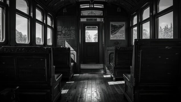 Interior view of a vintage train, monochrome photo.
