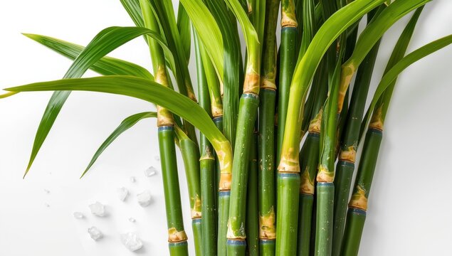 Isolated sugarcane stalks and leaves on a white background.