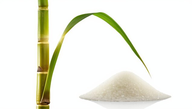 Isolated sugarcane stalk and pile of cane sugar on white.