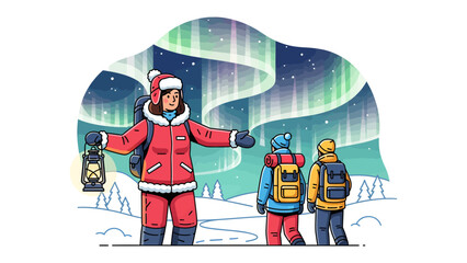 Aurora Borealis Adventure: A group of excited travelers gaze in awe at the vibrant Aurora Borealis dancing across the arctic night sky, bundled in warm winter gear and carrying lanterns. © Asma