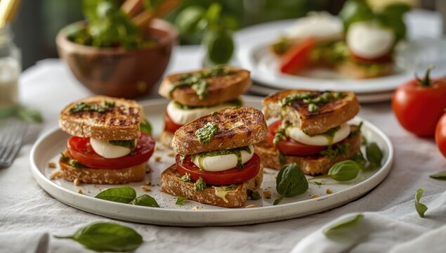 Italian subs featuring grilled tomatoes, burrata, and pesto.