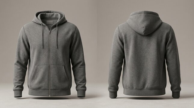 Blank Gray Zip-Up Hoodie Front and Back View Mockup