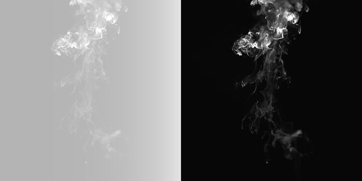 Realistic white light smoke trail, atmospheric thin dynamic steam vapor cloud and cinematic gentle rising mist puff on grey background