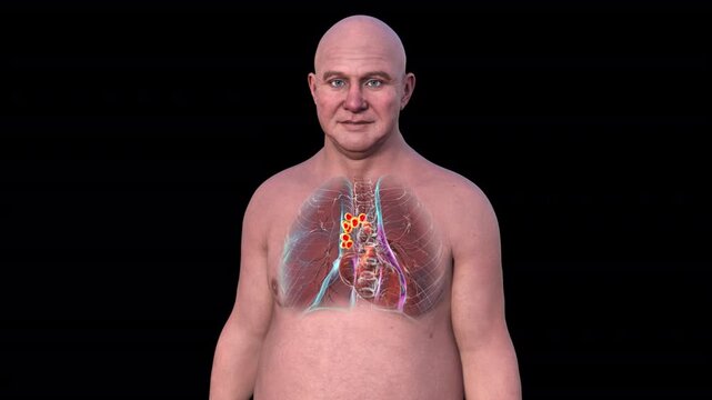 Pulmonary lymphadenitis visualised within transparent thoracic anatomy of adult male body, enlarged inflamed lymph nodes highlighted in rotating 3D medical animation.