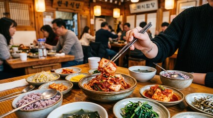 Obraz premium Korean dish of cabbage kimchi eaten with chopsticks.