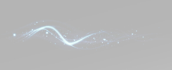 Realistic blue neon magic wave trail set, atmospheric glowing energy line streak and cinematic fluid sparkle dust path on grey backgrounds © Maxim