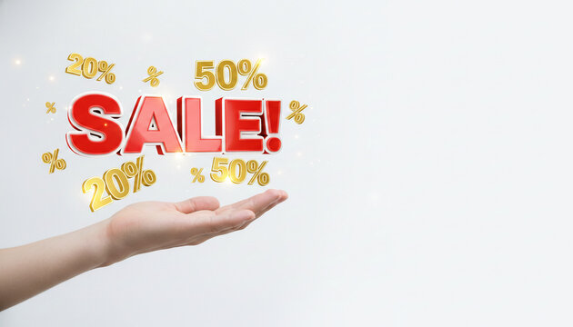 Hand showcasing floating 3D "SALE!" text with 20% and 50% discount percentages, symbolizing commercial offers and discounts.