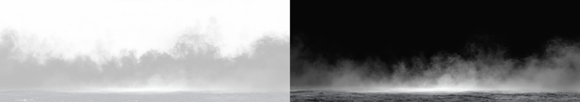 Realistic white ground fog mist set, atmospheric rising dust haze trail and cinematic horizontal smoke cloud puff on contrast backgrounds