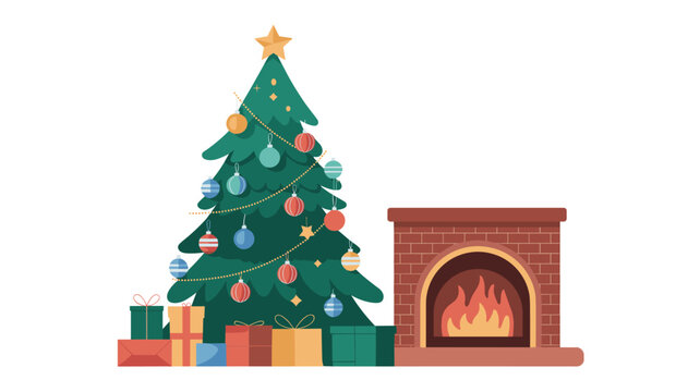 A decorated evergreen Christmas tree with colorful ornaments stands beside a glowing brick fireplace surrounded by wrapped gift boxes in this festive winter season holiday illustra