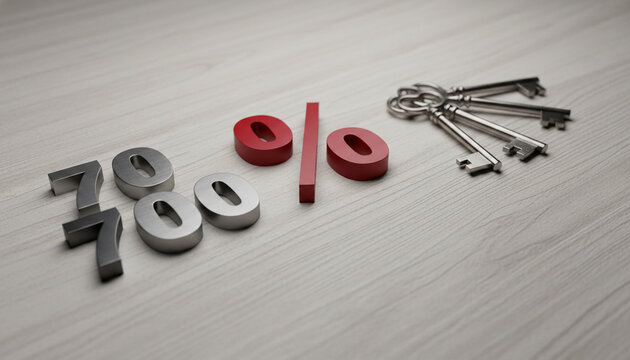 700 number and percent symbols with keys on a wooden surface, symbolizing opportunity, access, or financial concepts, suitable for business themes