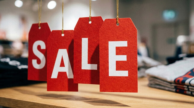 Red hanging tags spelling "SALE" in white, signifying discounts and promotions in a retail environment