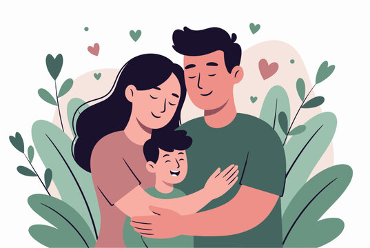 Happy young family consisting of a father mother and son sharing a warm and loving embrace with many hearts.