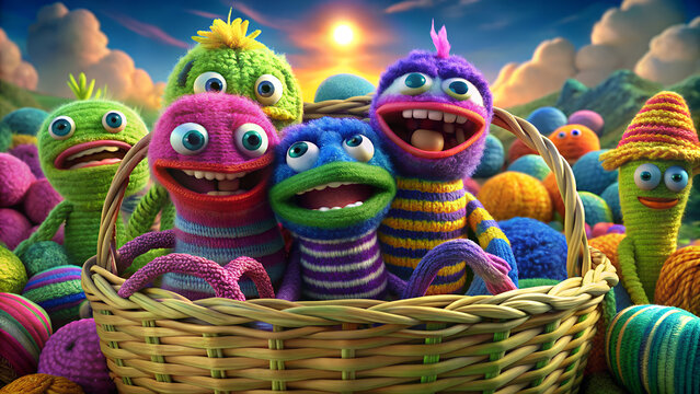 Colorful Sock Puppets in Woven Basket Cute Whimsical 3D Toy Characters Cozy Scene