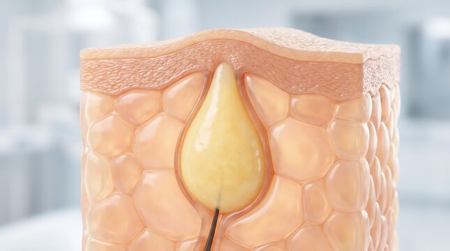 A cross-section illustration of skin tissue showing a clogged pore with trapped sebum and a hair.