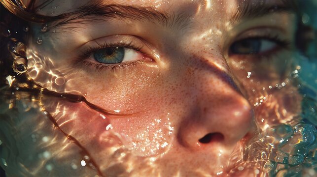 Close up portrait of human face under water with light patterns and air bubbles