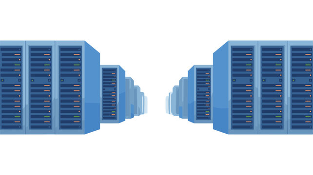 Parallel rows of blue server rack units stretch into a deep perspective corridor featuring a clean white open space between the two sides of equipment.