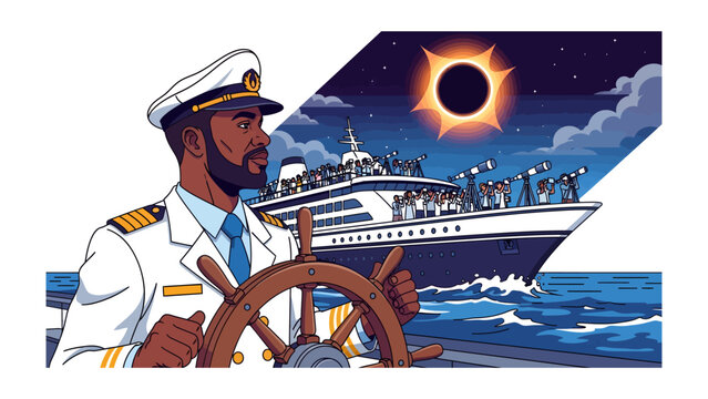 Navigator of the Celestial Seas: A resolute ship captain, clad in a crisp uniform, mans the helm of a majestic cruise liner sailing under a sky illuminated by a dramatic solar eclipse.