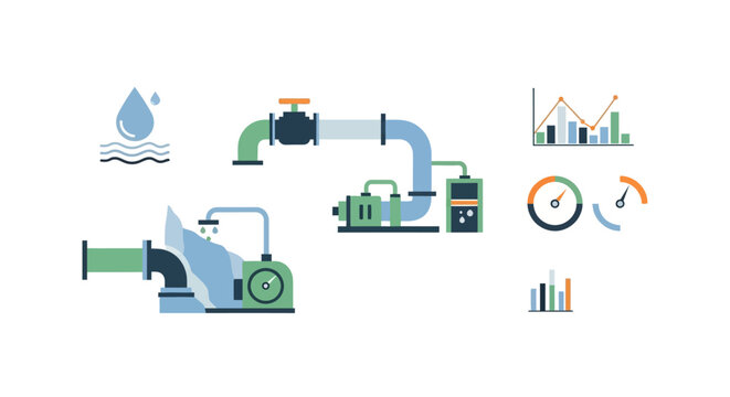 Industrial Water Management and Utility Infrastructure Icons Featuring Pipes, Pumps, Gauges, and Data Analysis Charts in Flat Vector Style