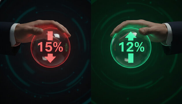 Hands hold glowing spheres showing a 15% decrease and a 12% increase, representing business performance, finance, and market trends.
