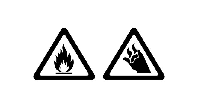 Flammable Material And Hot Surface Warning Signs Black Silhouette Style