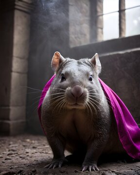 A  northern hairy nosed wombat  genetic hybrid experiment fantasy animal, fictional species in a misty forgotten monas under a blanket.
