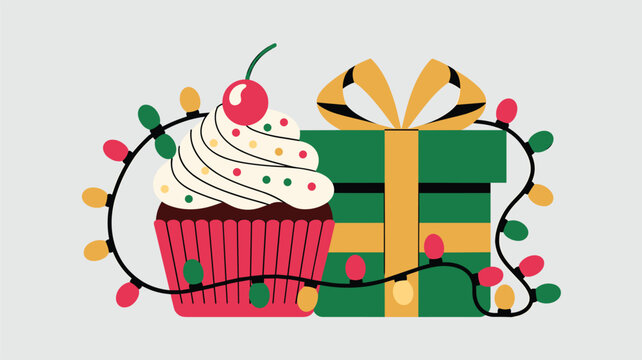 A festive pink cupcake topped with a bright red cherry sits beside a green gift box adorned with glowing string lights against a plain light gray backdrop.