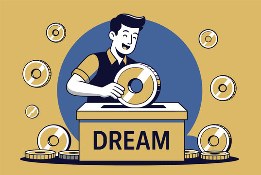 Happy young man putting a large gold coin into a savings box labeled dream for his future financial investment.