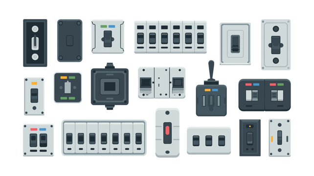 A collection of assorted electrical light switches and rocker panels are displayed against a clean white background in this minimalist flat vector illustration design.