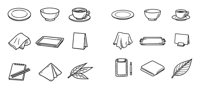 kitchenware and dining concept icons with plate, cup, napkin for presentation design in hand drawn outline style