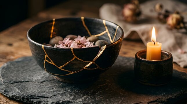 Black ceramic bowl repaired with gold lacquer using the traditional japanese kintsugi technique placed on a dark slate stone surface next to a burning yellow candle